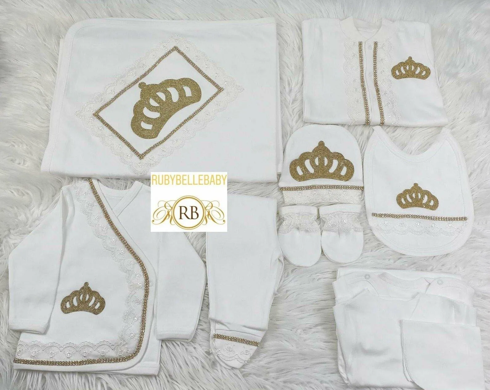 10pcs Newborn Baby Girl Outfit - White/Gold