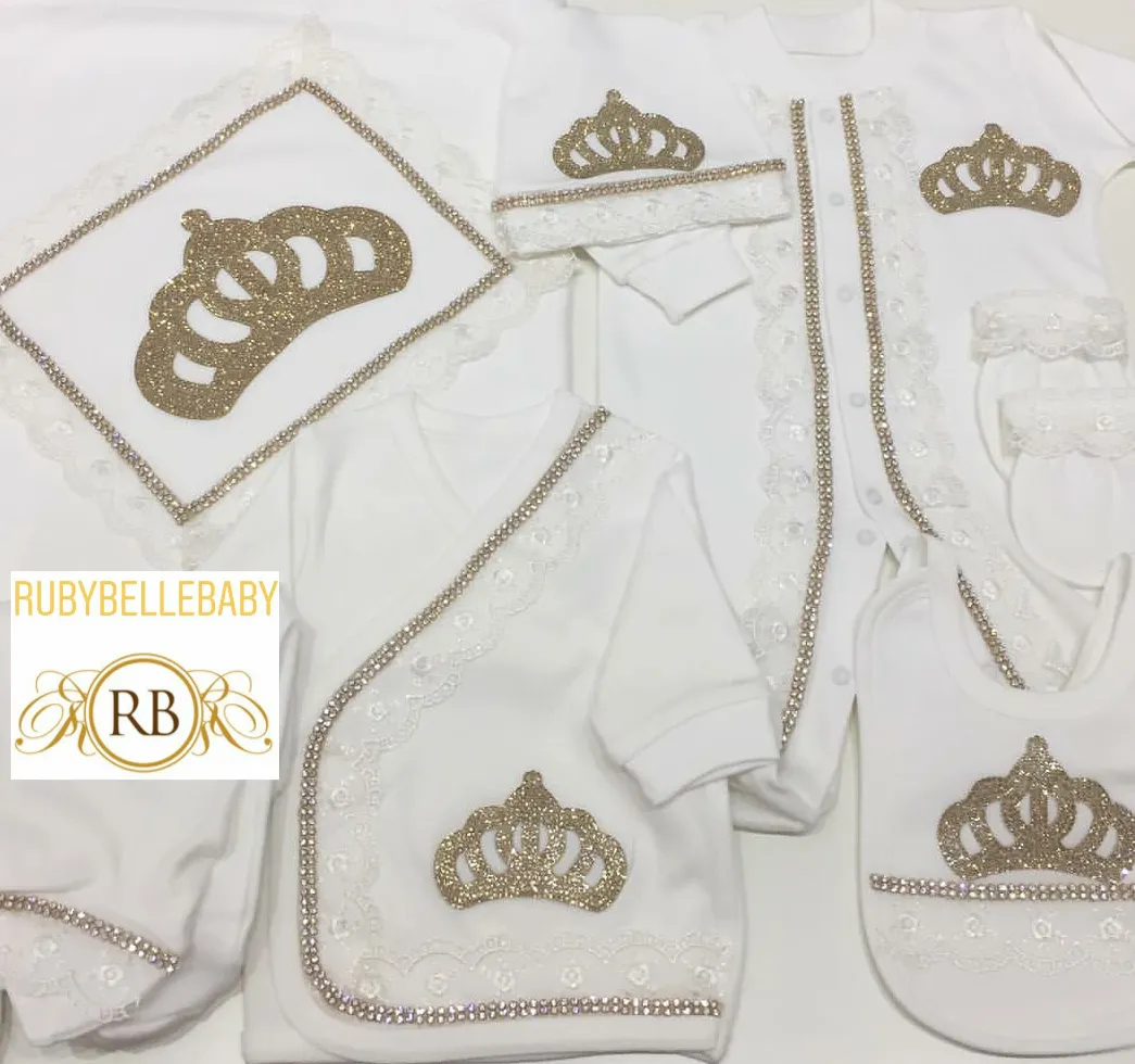 10pcs Newborn Baby Girl Outfit - White/Gold