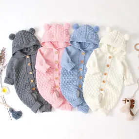 Adorable Baby Pom Trim Decor Solid Color Knitted Overalls