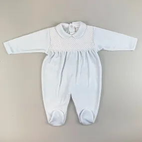 Baby Boys Blue Velour Sleepsuit with Smocking - Little Nosh