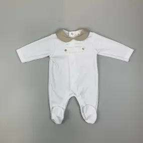 Baby Boys Velour Sleepsuit with Pin Tuck Trim - White / Beige