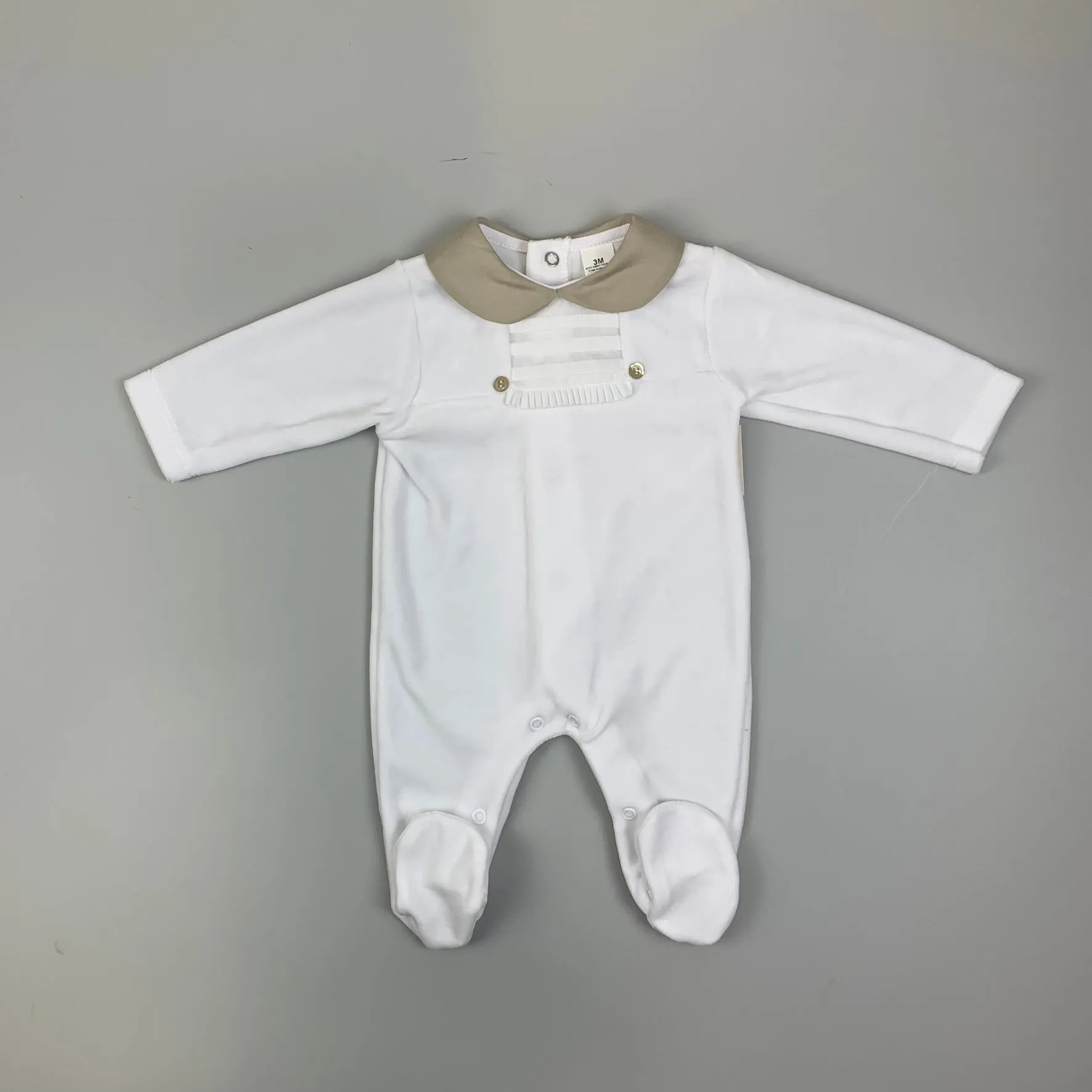Baby Boys Velour Sleepsuit with Pin Tuck Trim - White / Beige