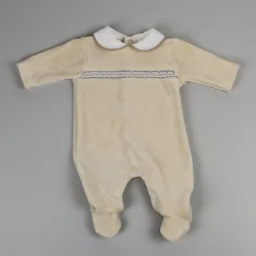 Baby Boys Velour Smocked Sleepsuit - Beige