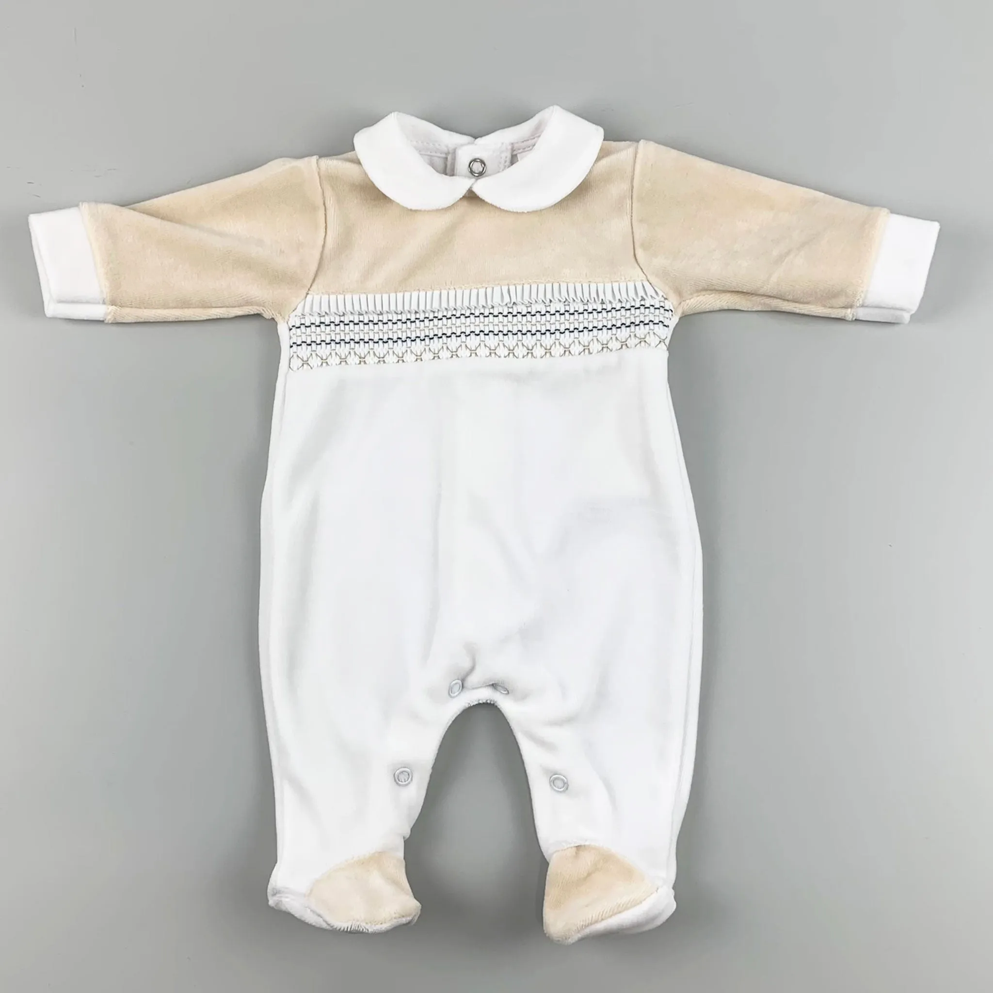 Baby Boys Velour Smocked Sleepsuit with Trim - Beige