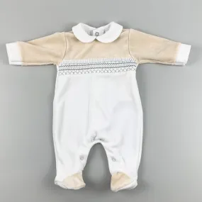 Baby Boys Velour Smocked Sleepsuit with Trim - Beige