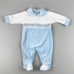 Baby Boys Velour Smocked Sleepsuit with Trim - Blue