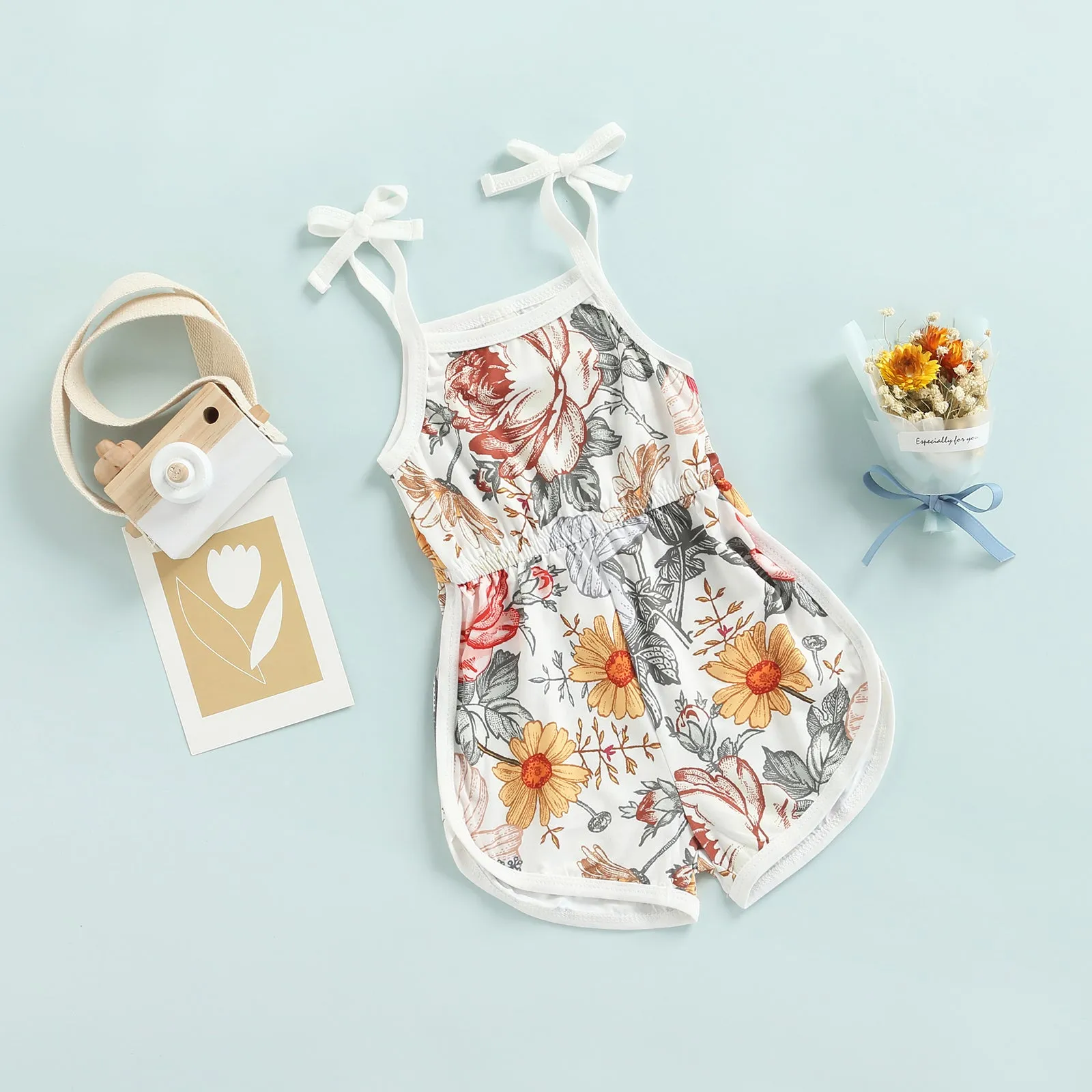 BABY GIRLS FLOWERS & STRIPES TIE UP ROMPER