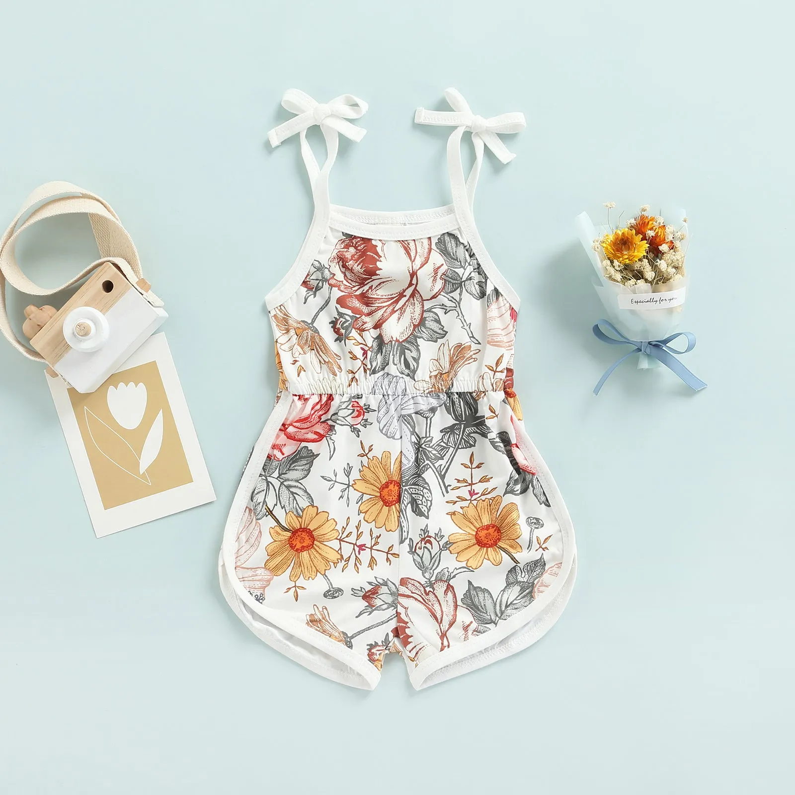 BABY GIRLS FLOWERS & STRIPES TIE UP ROMPER