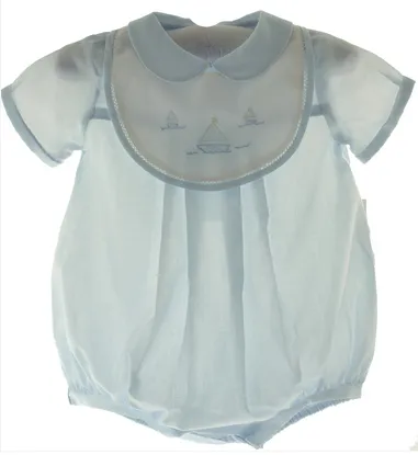 Blue Sailboat Shadow Embroidered Romper with Bib