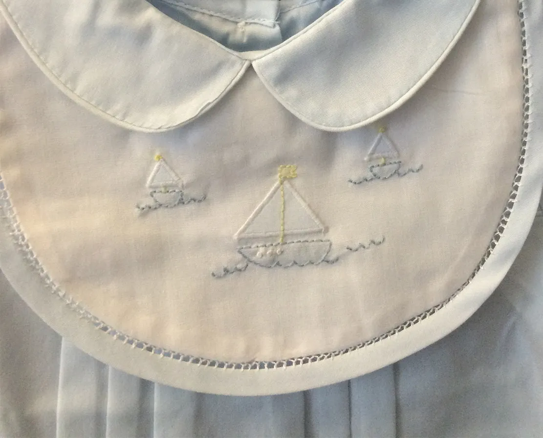 Blue Sailboat Shadow Embroidered Romper with Bib