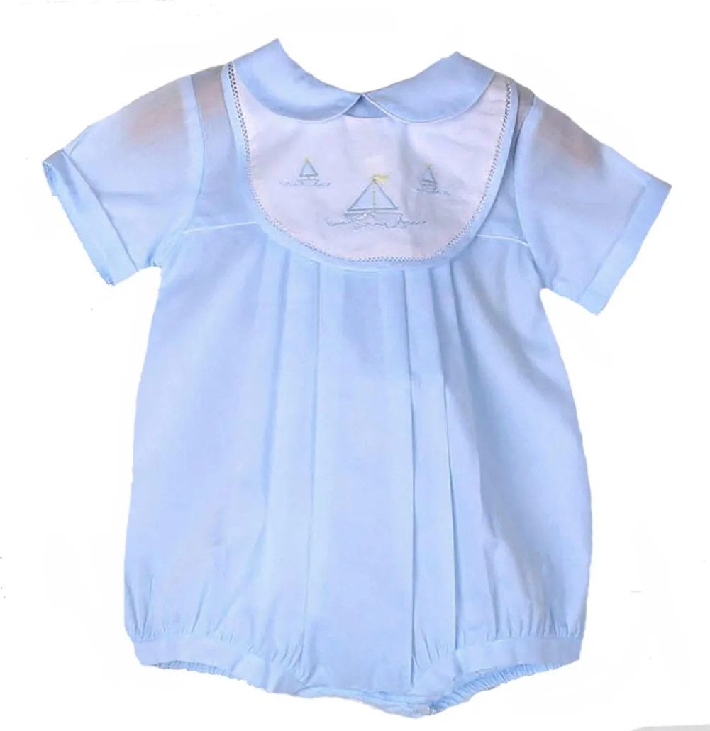Blue Sailboat Shadow Embroidered Romper with Bib