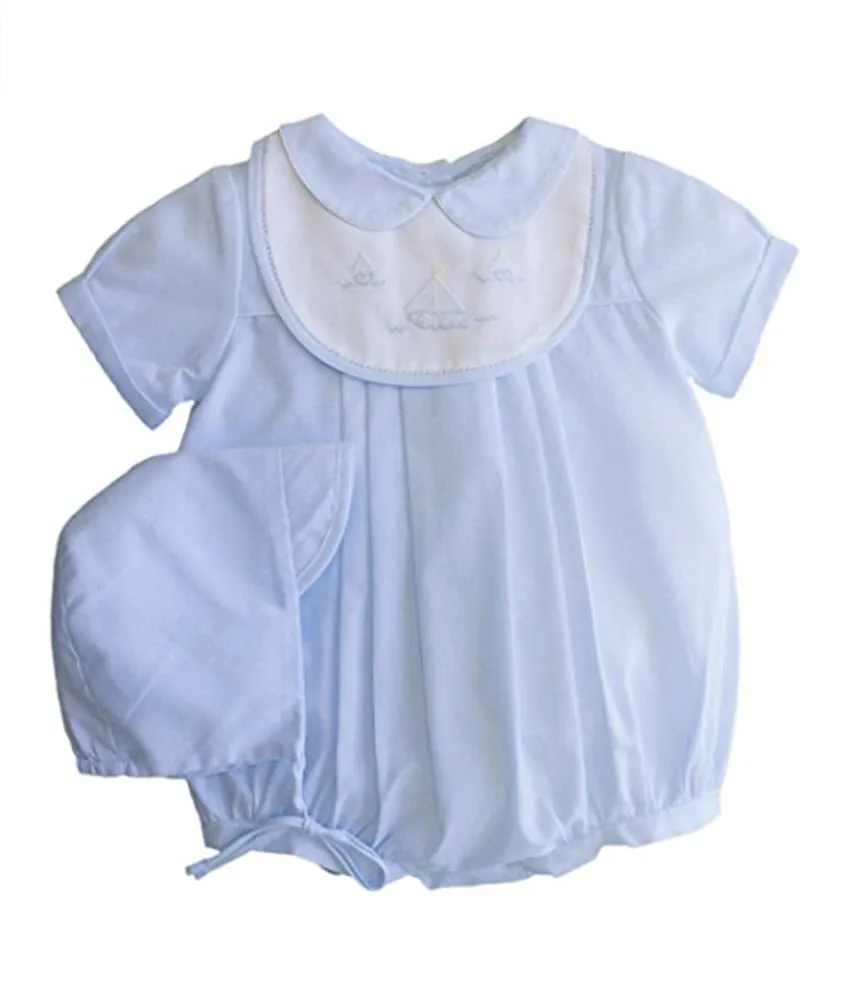 Blue Sailboat Shadow Embroidered Romper with Bib