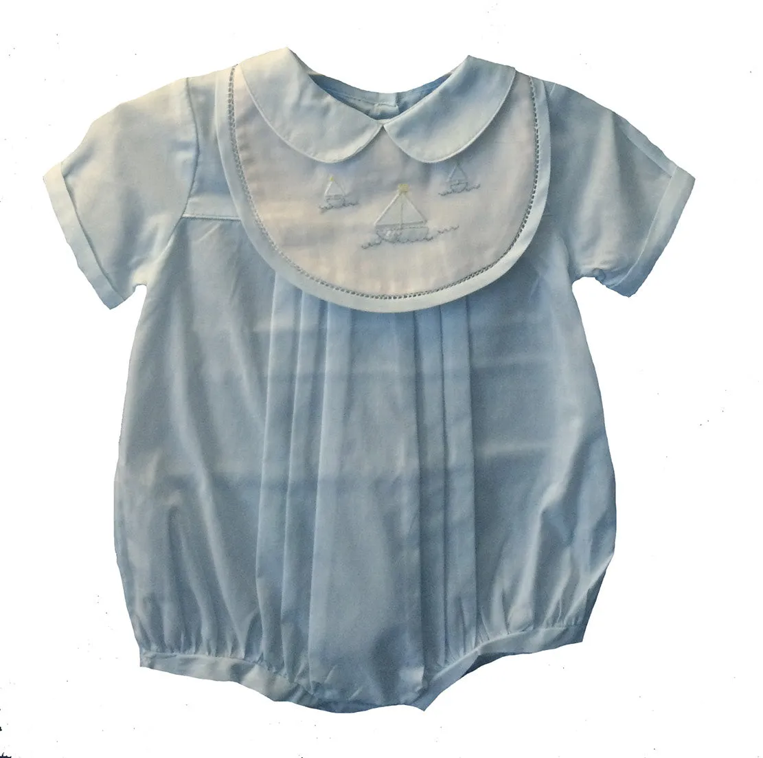 Blue Sailboat Shadow Embroidered Romper with Bib