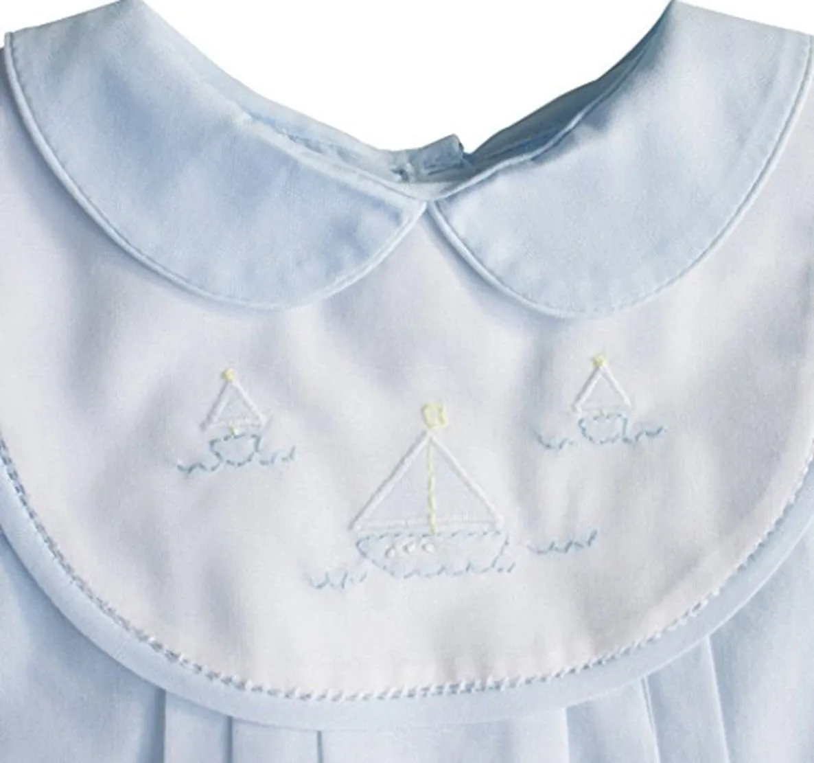 Blue Sailboat Shadow Embroidered Romper with Bib
