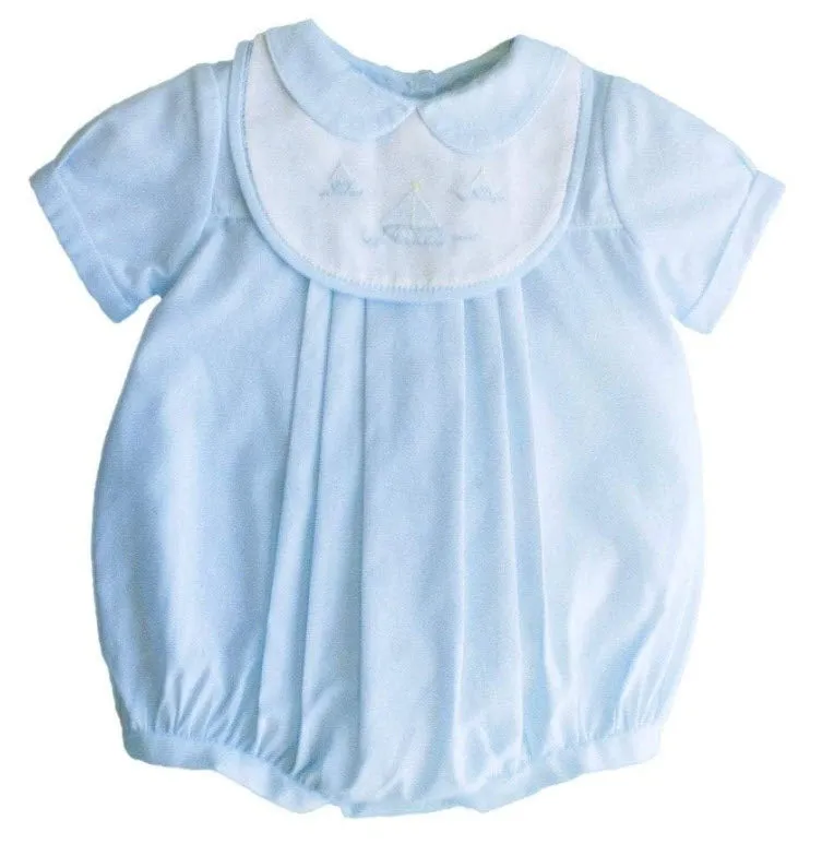 Blue Sailboat Shadow Embroidered Romper with Bib