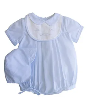 Blue Sailboat Shadow Embroidered Romper with Bib