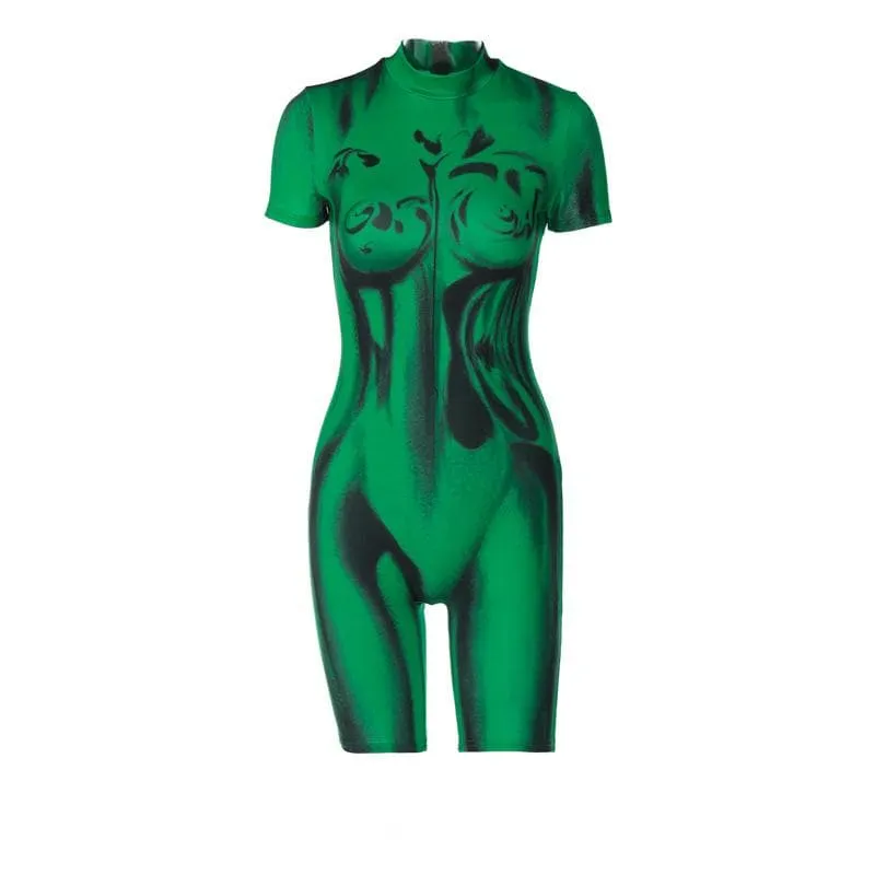 Contrast print high neck short sleeve zip-up romper