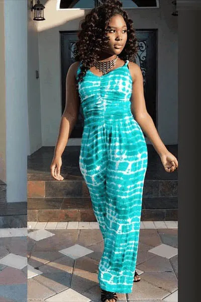 Deep V Neck Sleeveless Printed Loose Long Jumpsuits