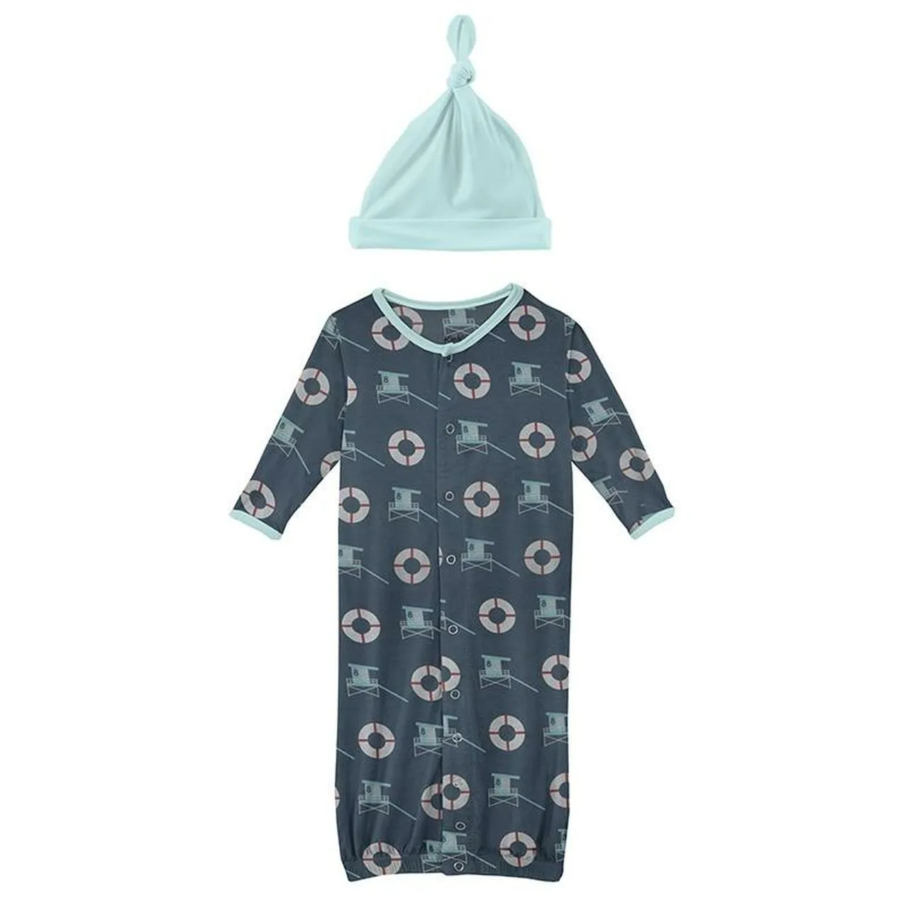 Kickee Pants Print Layette Gown Converter & Single Knot Hat Set in Deep Sea Lifeguard