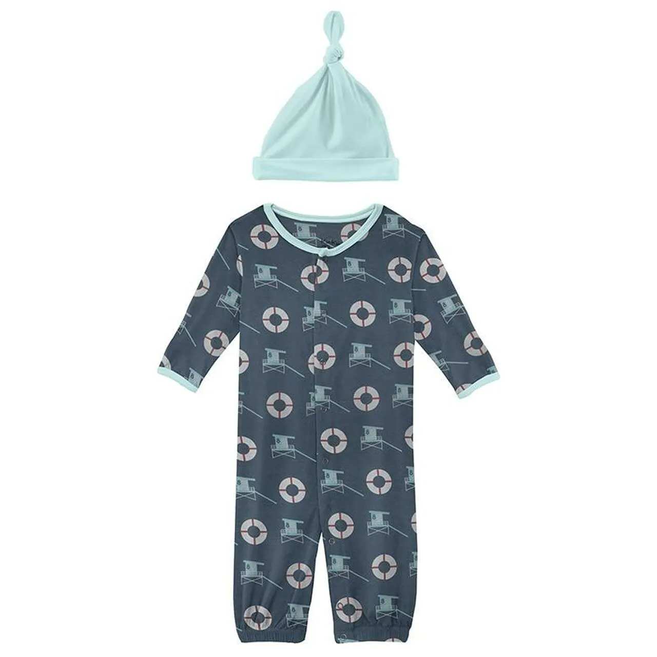 Kickee Pants Print Layette Gown Converter & Single Knot Hat Set in Deep Sea Lifeguard