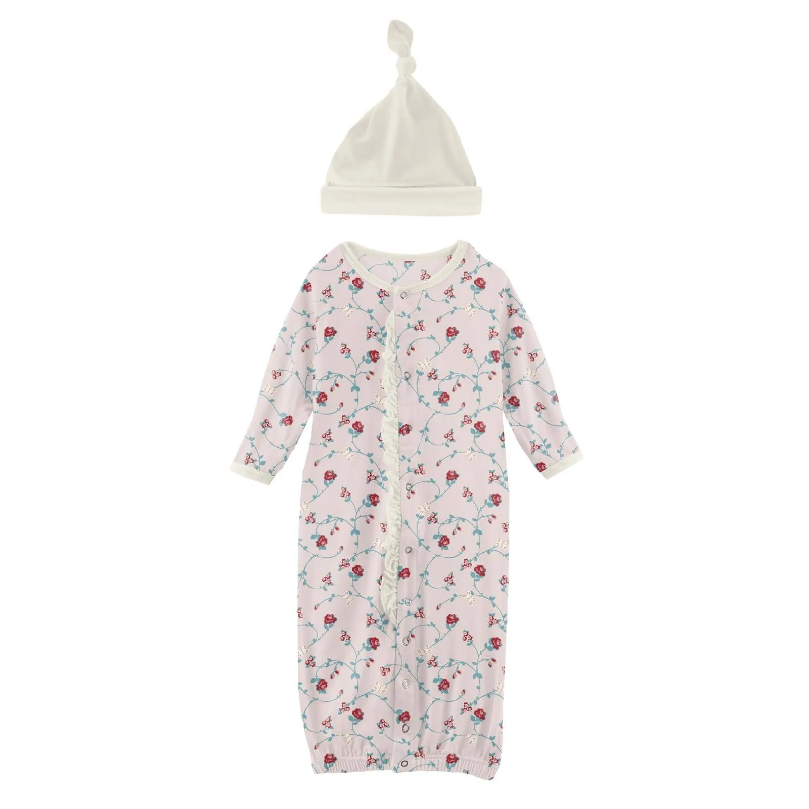 Kickee Pants Print Layette Gown Converter & Single Knot Hat Set in Macaroon Floral Vines
