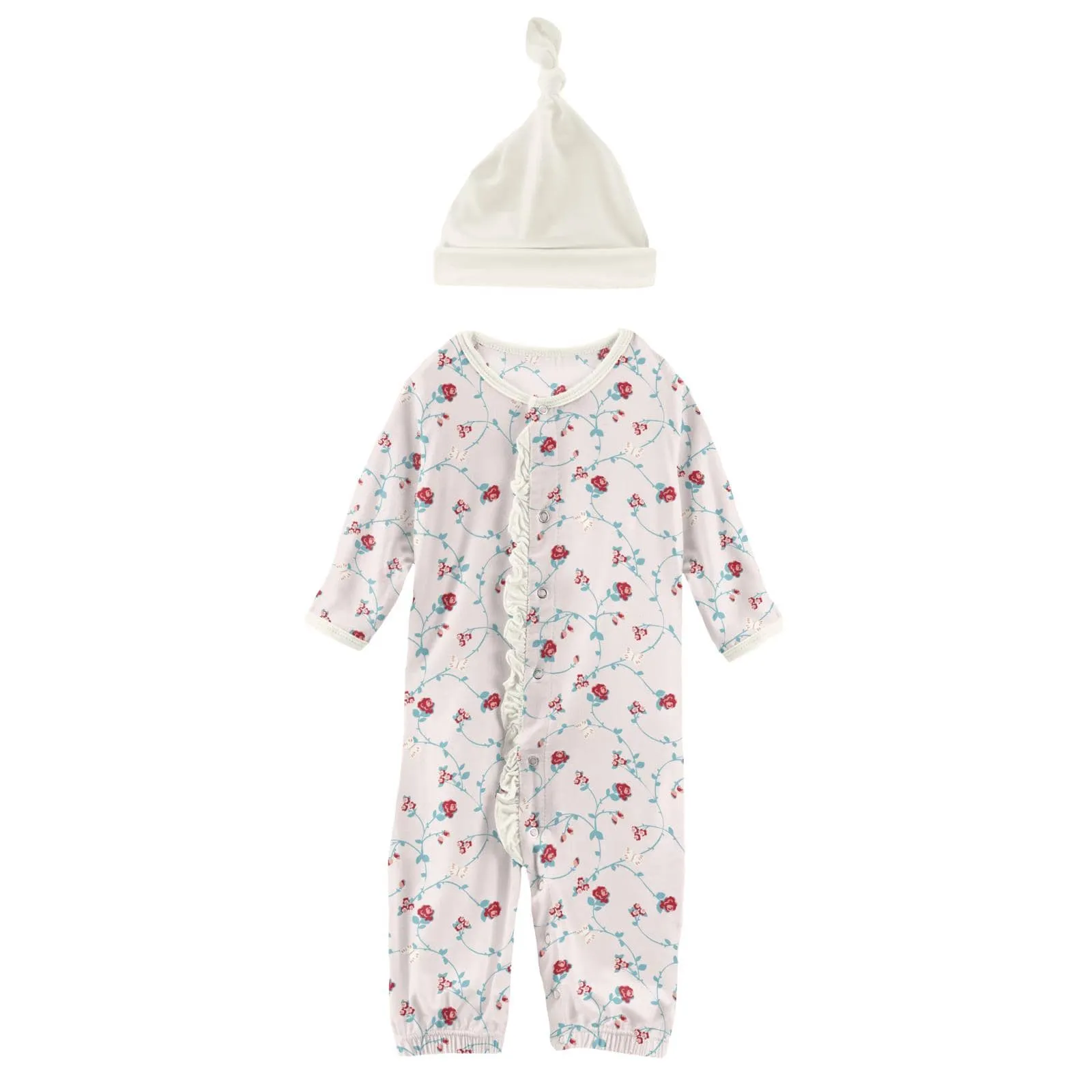 Kickee Pants Print Layette Gown Converter & Single Knot Hat Set in Macaroon Floral Vines