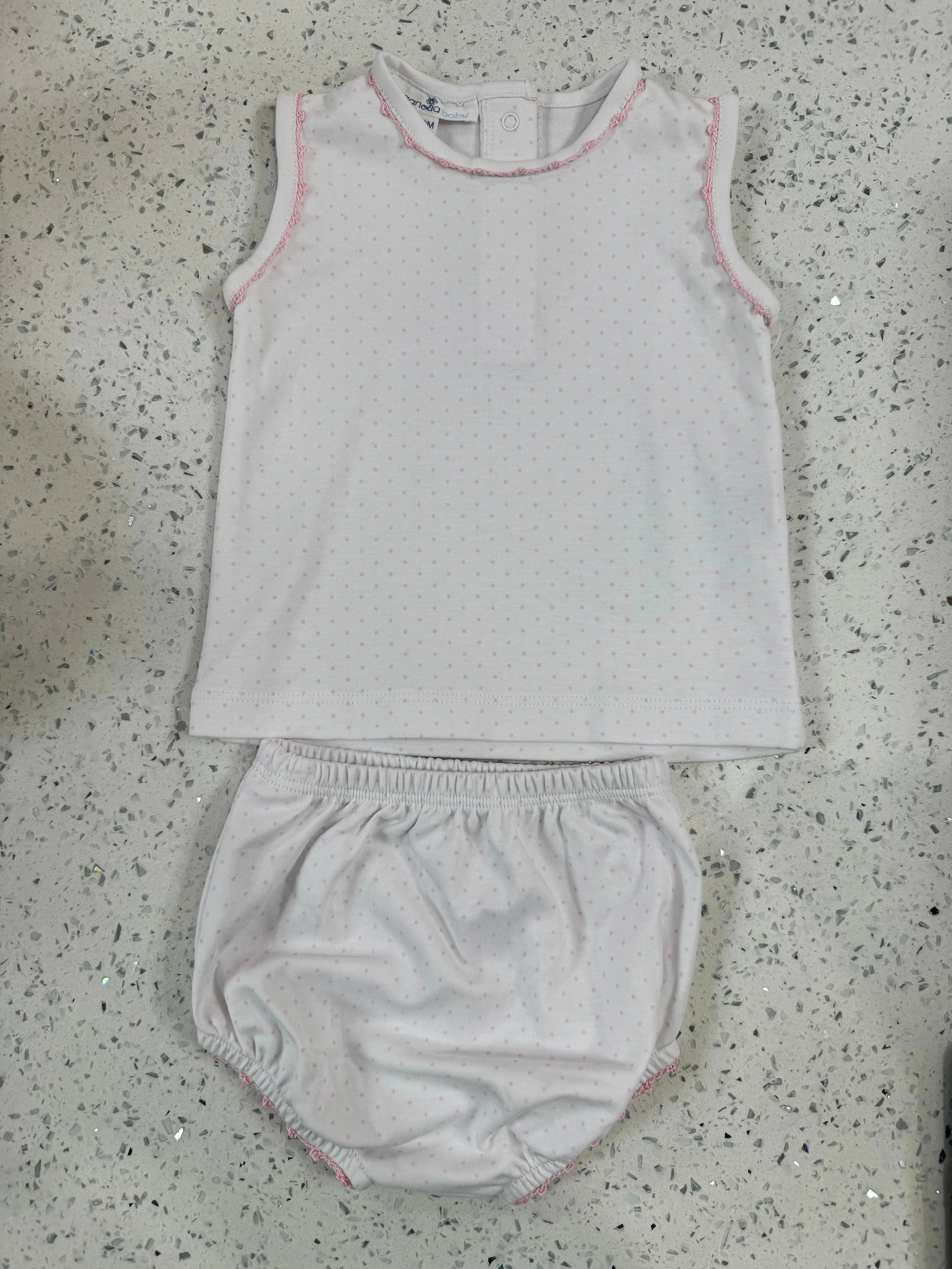 Magnolia Baby: Sleeveless Diaper Cover Set with Pink Crochet Trim Polka Dot
