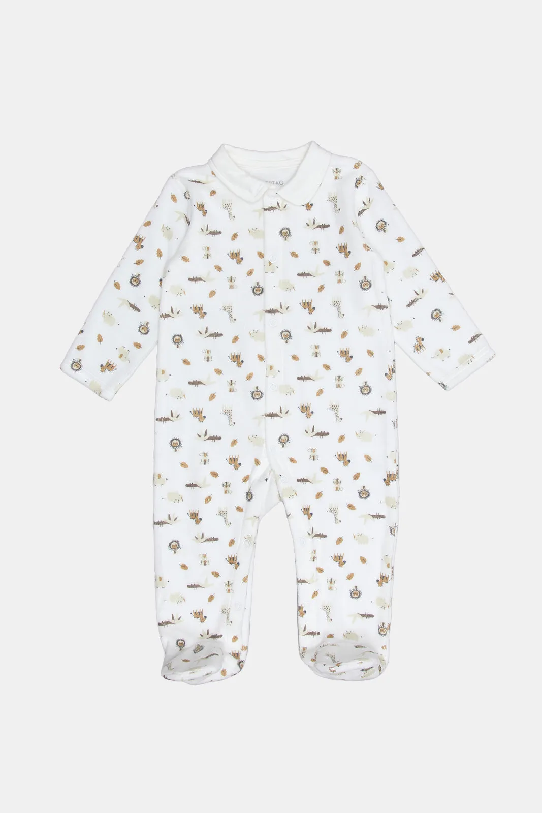 Newborn White Collared Printed Sleepsuit