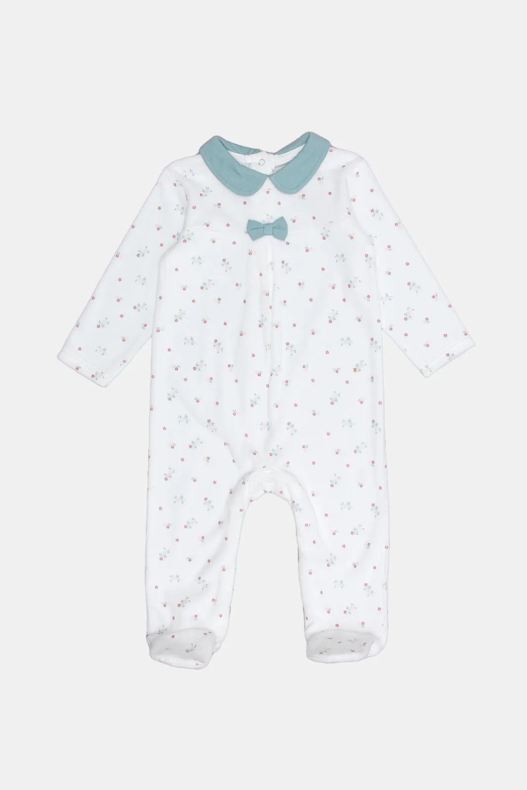 Newborn White print Sleepsuit With Bow