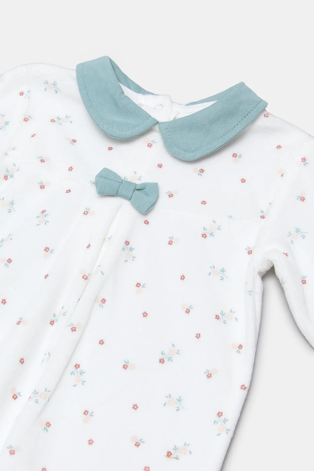 Newborn White print Sleepsuit With Bow