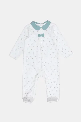 Newborn White print Sleepsuit With Bow