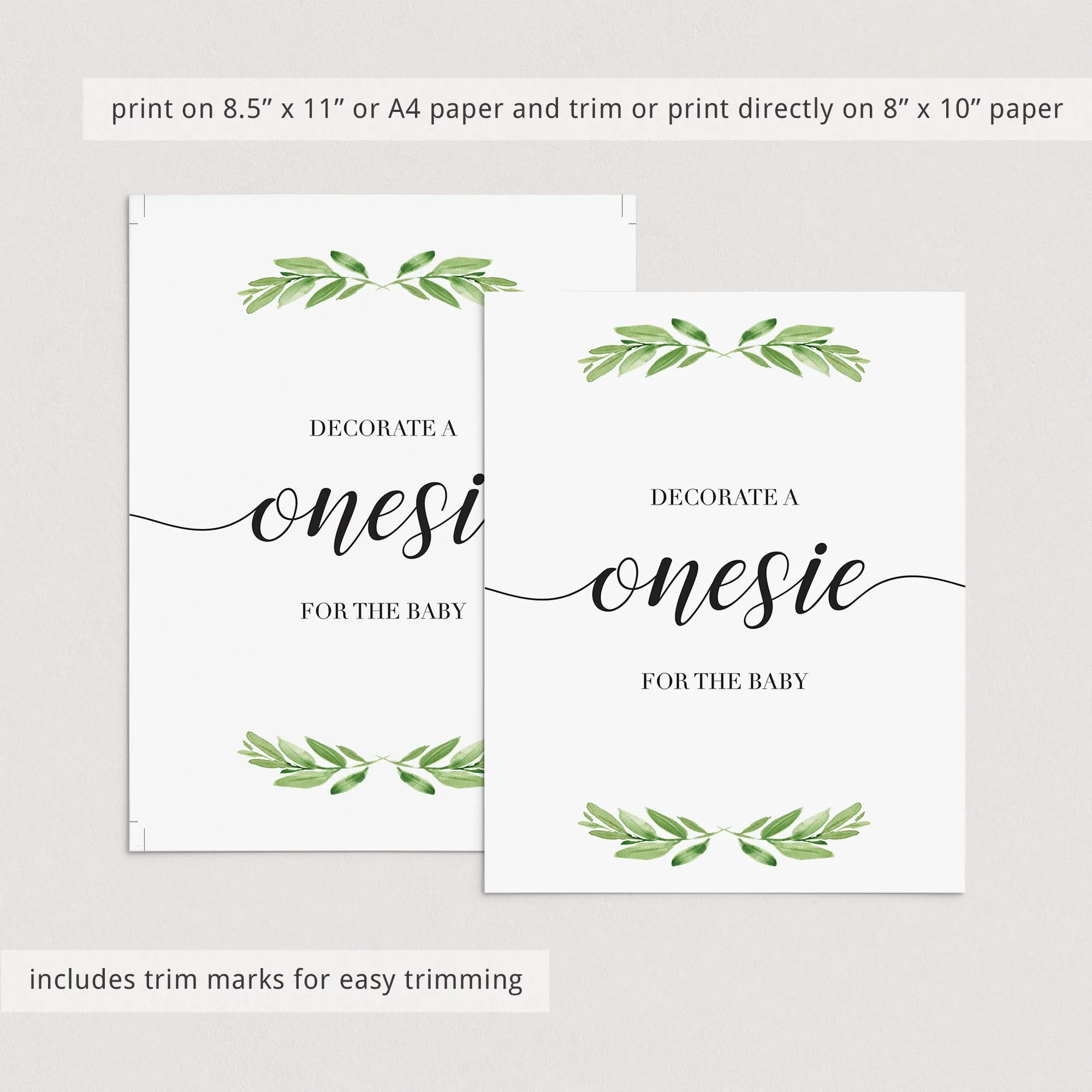 Onesie Sign Baby Shower Game Printable Greenery