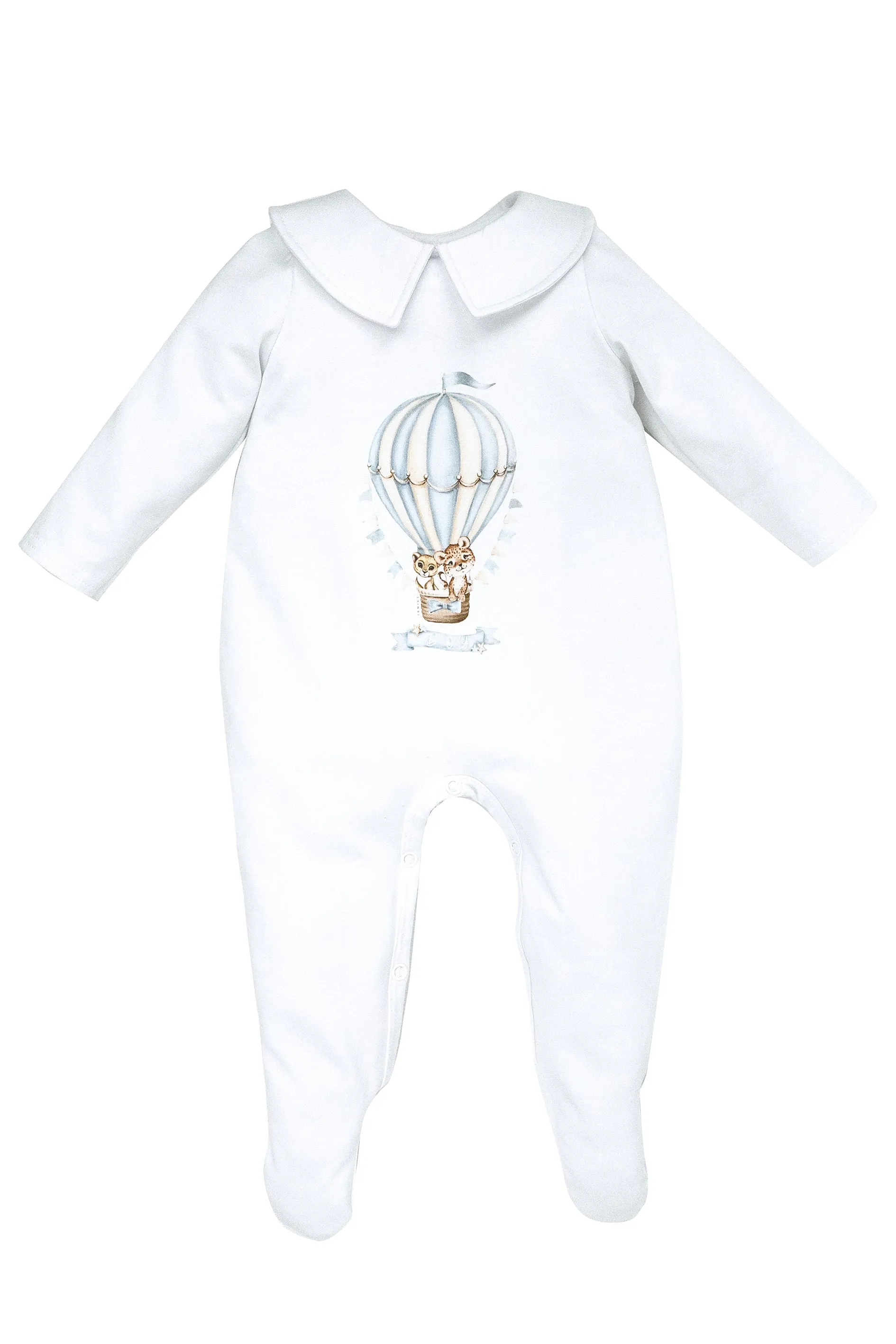 "Basil" White & Dusky Blue Hot Air Balloon Sleepsuit