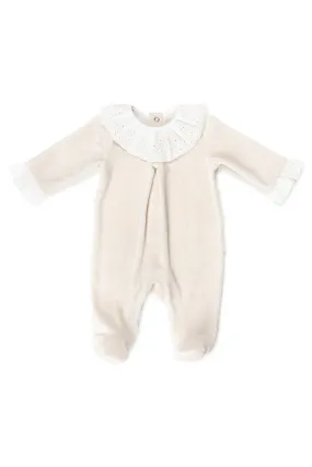 "Eliana" Stone Velour Broderie Anglaise Sleepsuit
