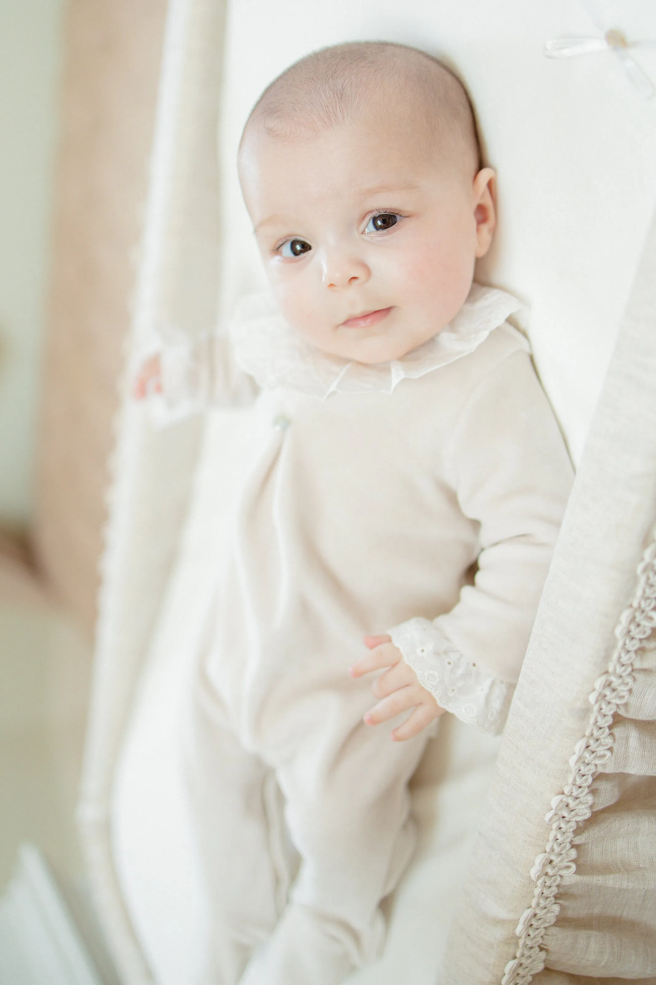 "Eliana" Stone Velour Broderie Anglaise Sleepsuit