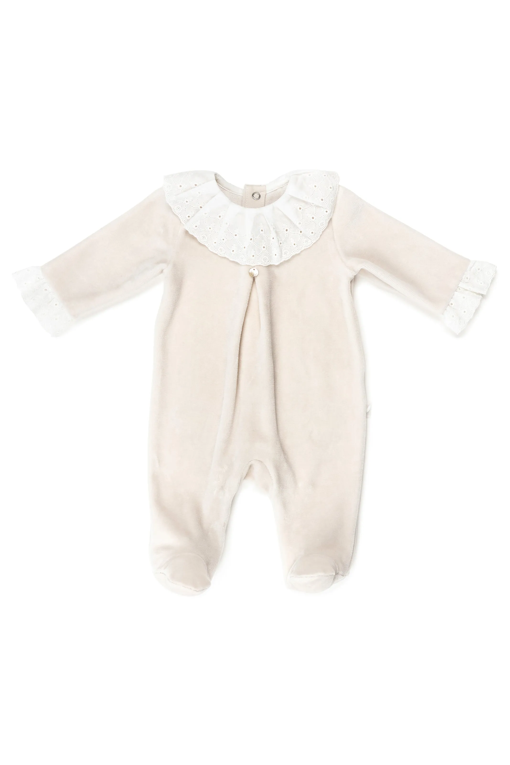 "Eliana" Stone Velour Broderie Anglaise Sleepsuit