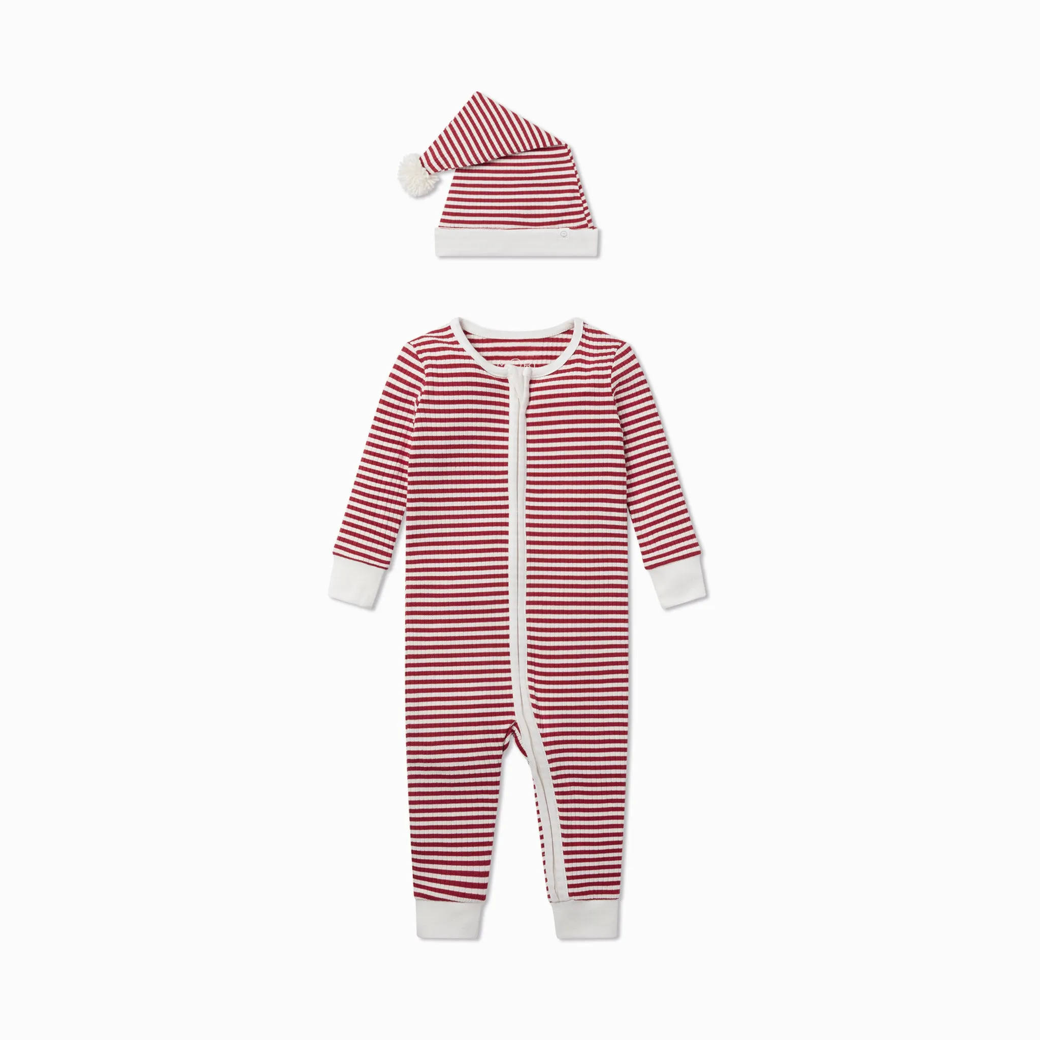 Ruby Stripe Ribbed Clever Zip Sleepsuit & Elf Hat
