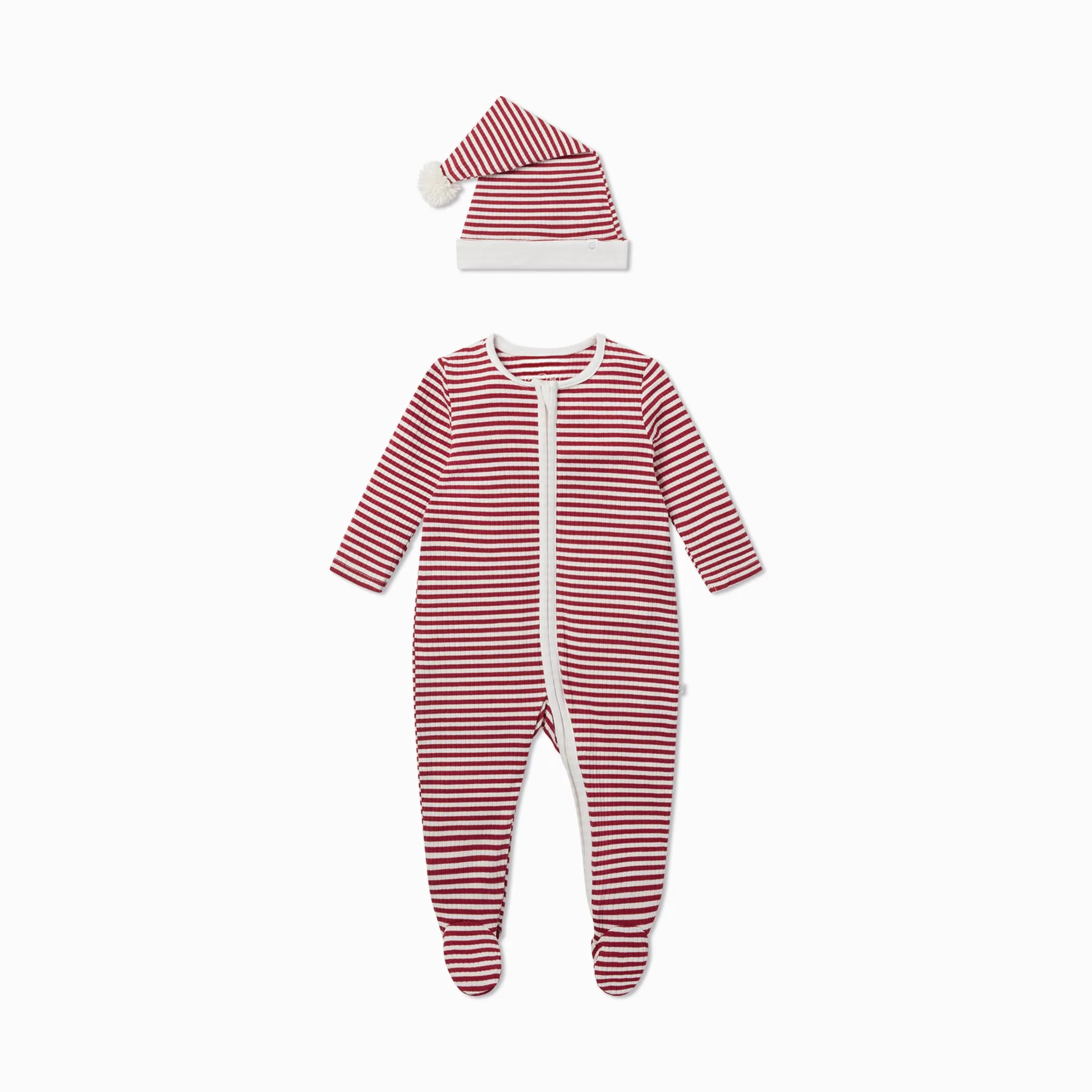 Ruby Stripe Ribbed Clever Zip Sleepsuit & Elf Hat