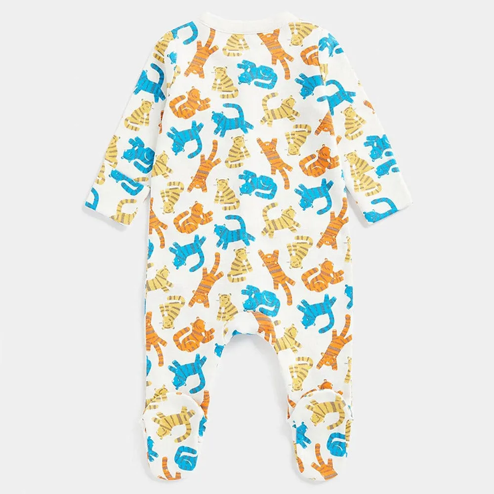 White Tiger Theme Full Sleeves Footsie With Folded Mittens