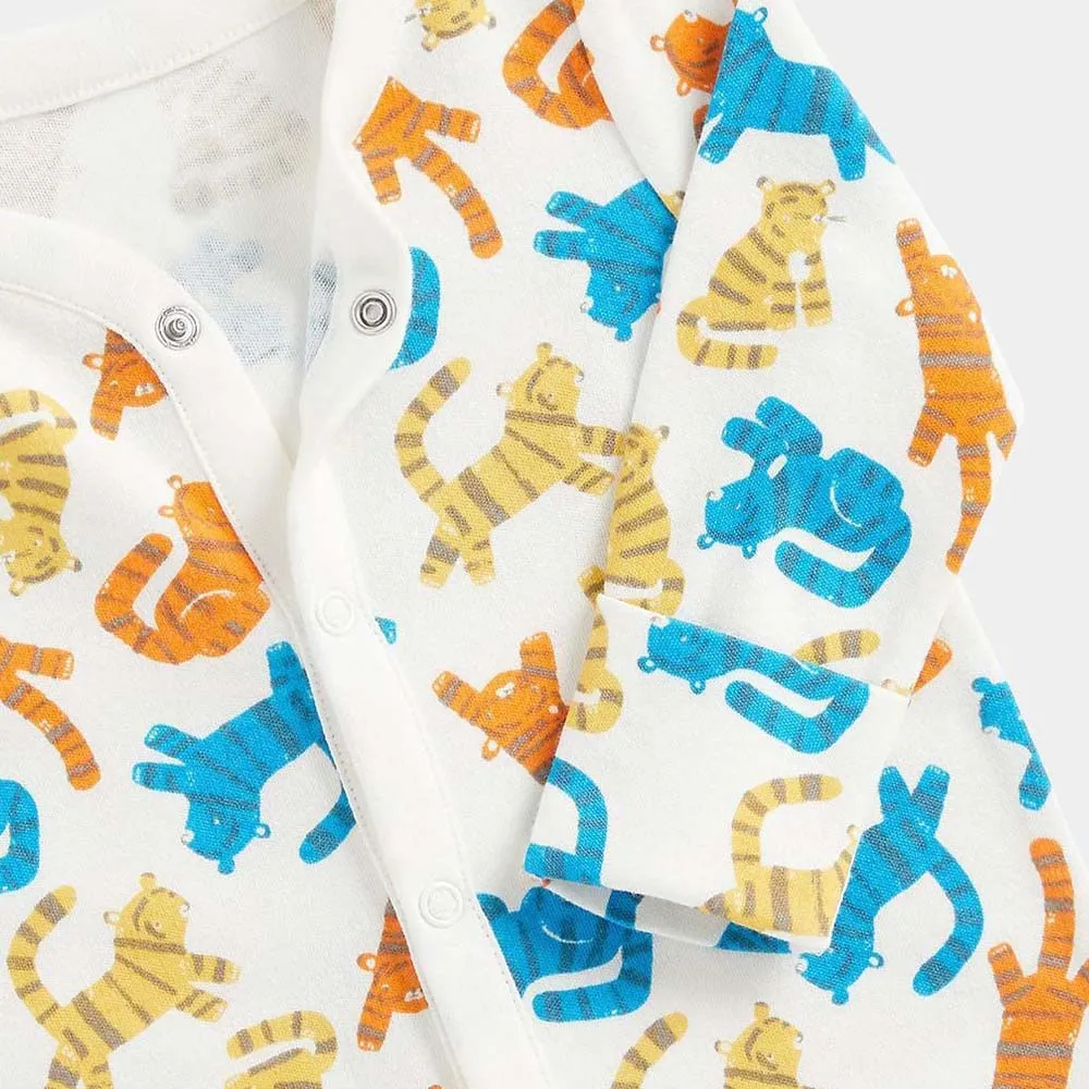 White Tiger Theme Full Sleeves Footsie With Folded Mittens