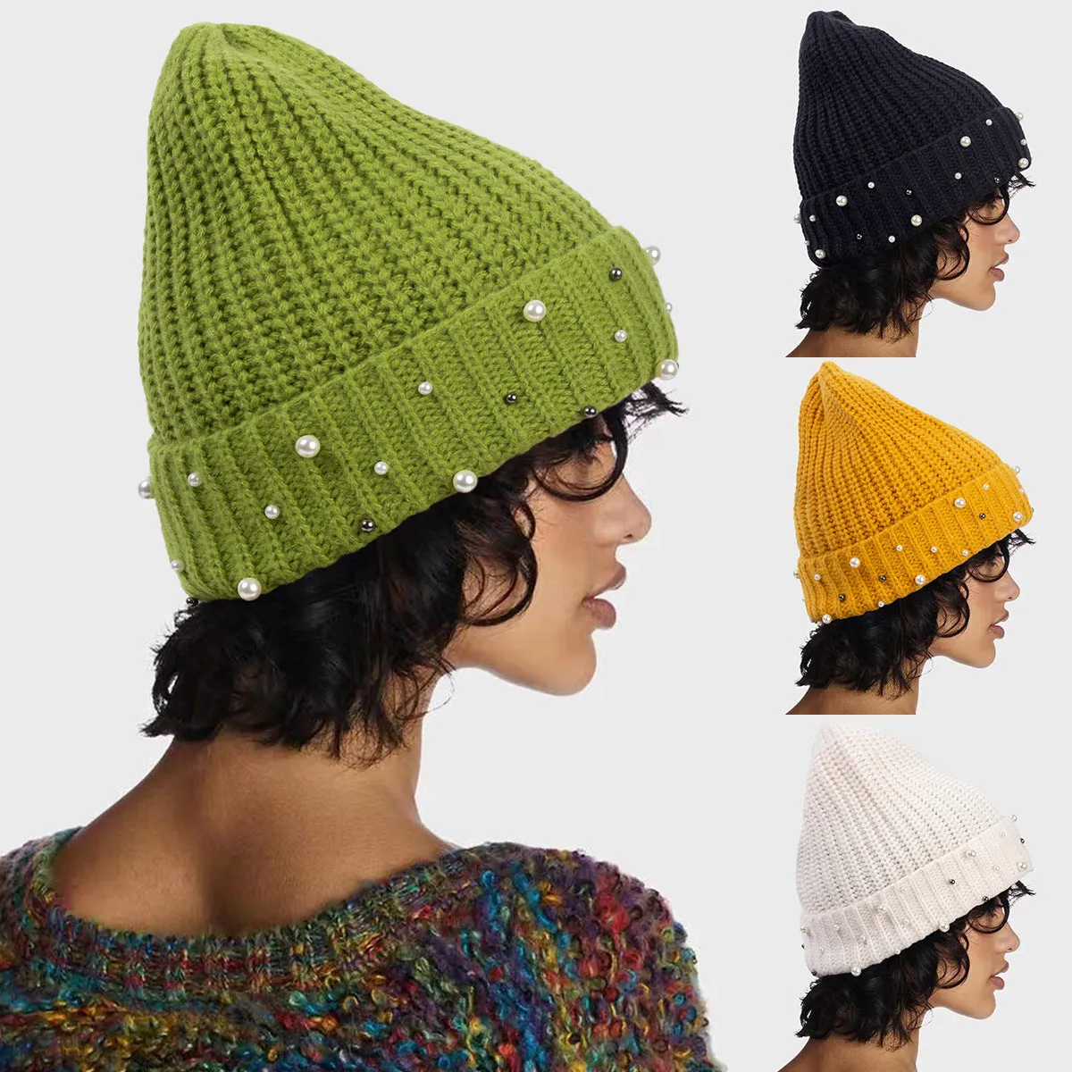 Wholesale Knitted Hats, Pearl Wool Hats, Thickened Warm Hats